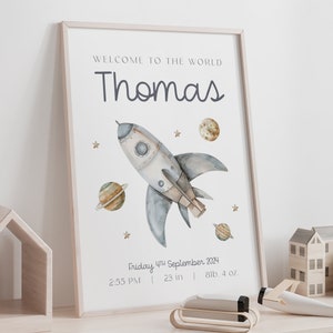 Póster de cohete personalizado para recién nacido, decoración de pared con temática espacial para el nacimiento de un niño, regalo para bebé