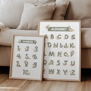 Poster di dinosauri con alfabeto e numeri, decorazioni murali per camerette su animali preistorici, decorazioni per bambini