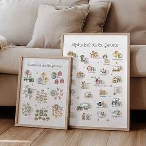 Posters ferme alphabet et nombres en français, art mural de d'apprentissage sur les animaux de la campagne, décoration pour salle de classe