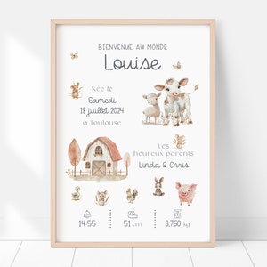 Regalo de nacimiento de granja personalizado, arte de pared de granero y animales para recién nacidos, póster de nacimiento de bebé