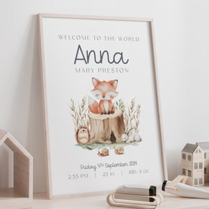 Personalisiertes Fuchsposter für Neugeborene, Waldwandkunst zur Geburt eines Kindes, Babygeschenk