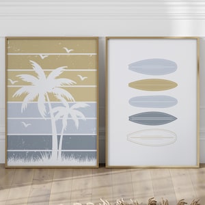 Retro-Surfbrett- und Palmenposter, Küstenwanddekor