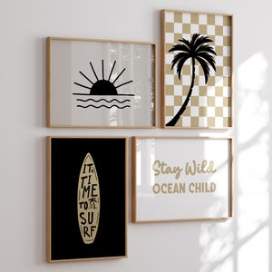 Posters surf rétro pour chambre d'enfants, décoration tendance noir, beige et jaune pour petit garçon