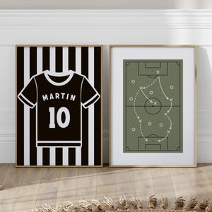 Doble cartel de fútbol, camiseta personalizada y campo verde para niños.