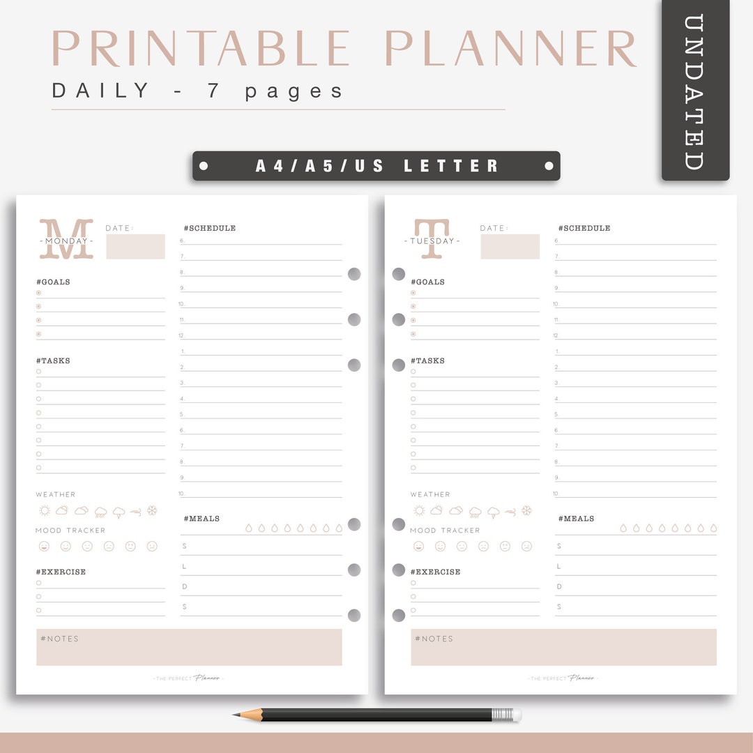 Daily Planner Printable Day on 1 Page Beige and Black Minimalist ...
