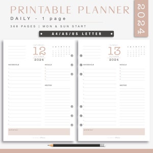 Printable Daily Planner 2024 - One Day per Page - Minimalist Planner - A5/A4/US LETTER agenda refills - Daily Schedule