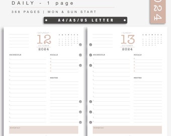 Planner quotidien 2024 à imprimer - 1 page par jour - Planner daté imprimable formats A4, A5 et US letter - Recharge pour agenda