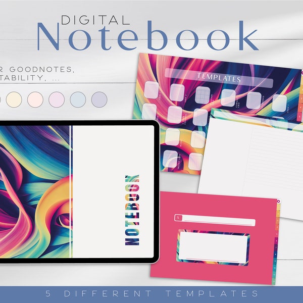 Rainbow Digital Notebook - Horizontal note taking templates for tablet - Notebook for Goodnotes