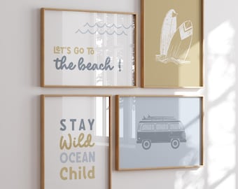 Retro surf decor for kids room, trendy blue and yellow decoration for little boy, stay wild ocean child