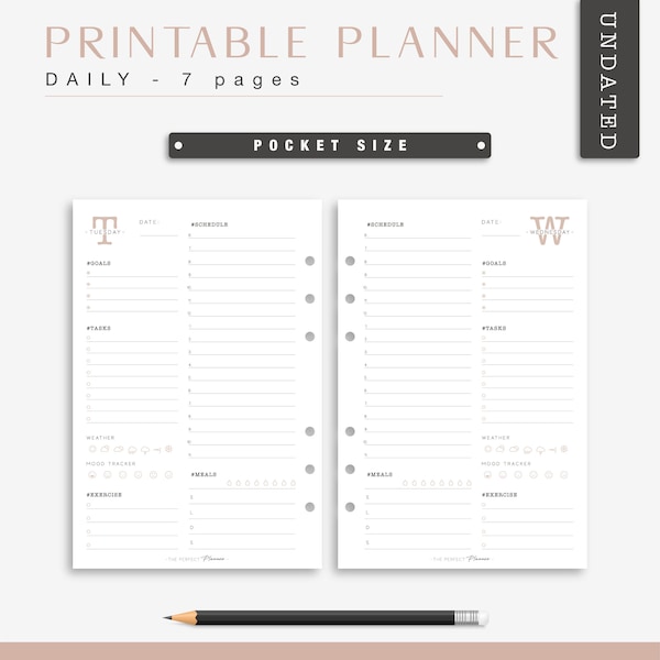 Daily Undated Pocket Planner - Day on 1 Page - Beige and Black Minimalist Planner - Printable Planner Inserts - Daily Schedule