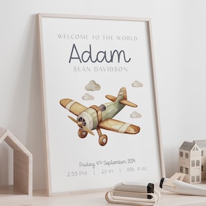Póster de avión personalizado para recién nacido, arte de pared de vehículo para el nacimiento de un niño, regalo para bebé