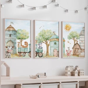 Dreifach-Bauernhof-Poster – Kinder-Wanddekoration mit Tieren und Landschaft