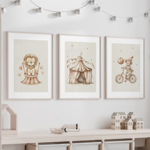 Carteles de circo para niños, arte mural infantil sobre payasos y espectáculos de animales, decoración en acuarela