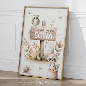 Personalized forest and cute animals poster for children - owl, snail and raccoon