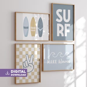 Digital surf kids decor, set of 4 retro beach posters make waves modern boy room art