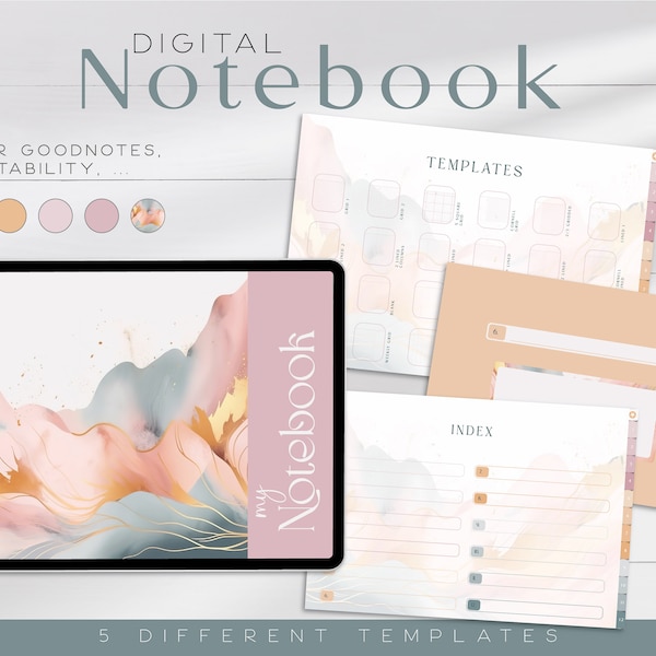 Coloured Digital Notebook - Horizontal note taking templates for tablet - powder pink, blue and yellow tones