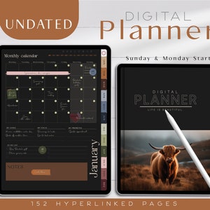 Dark Digital Planner for iPad - Goodnotes Planner - Sunday & Monday Start - Totally Hyperlinked for easy use - Nature theme