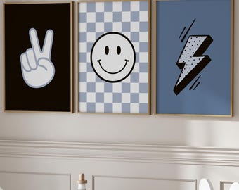 Funky smiley, lightning bolt and peace sign posters for kids, trendy blue and black decor for boys&#39; room