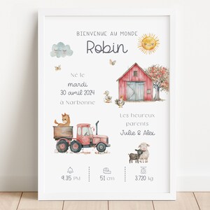 Póster personalizado de granja y tractor para recién nacido, arte de pared rural en francés para el nacimiento de un niño