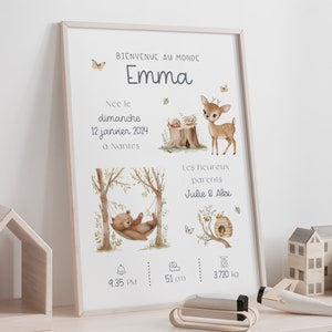 Personalisiertes Geburtsposter auf Französisch, schlafender Bär, Waldwandkunst für Neugeborene, Geschenk für Baby