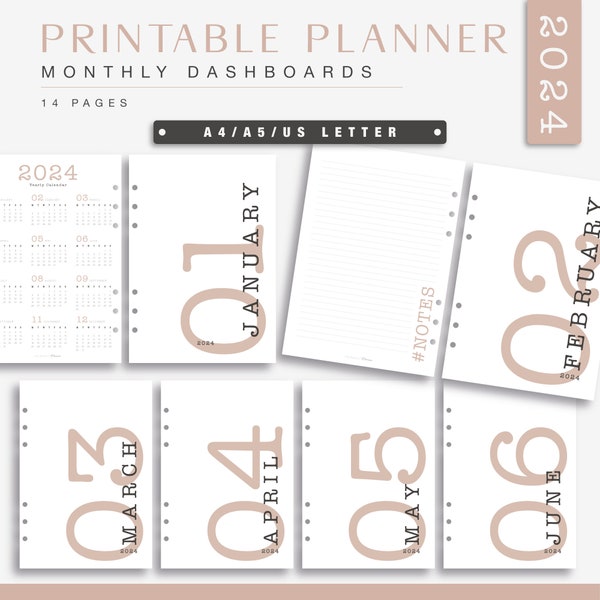 Monthly Printable Dividers 2024 for Planners - Minimalist Dashboard Covers for Agenda - Digital Separator 12 months