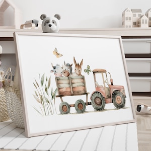 Poster del trattore per bambini, arte da parete della fattoria, decorazione ad acquerello per la scuola materna o la cameretta dei bambini