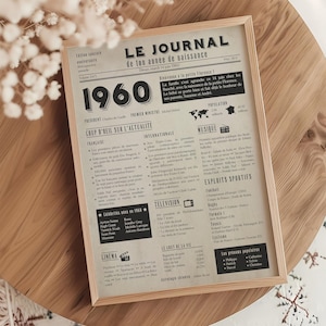 Affiche 1960, poster journal de naissance personnalisé, cadeau d'anniversaire 65 ans