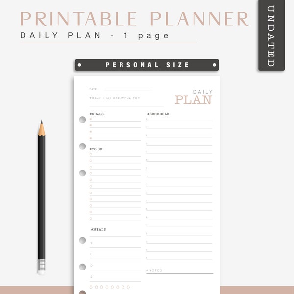 Daily Personal Planner refill - Day on 1 Page - Undated Minimalist Beige and Black Planner - Daily Schedule