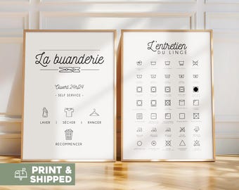 Carteles de lavandería e instrucciones de lavado en francés.