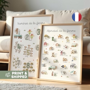 Set de 2 affiches alphabet et chiffres ferme pour enfant en français
