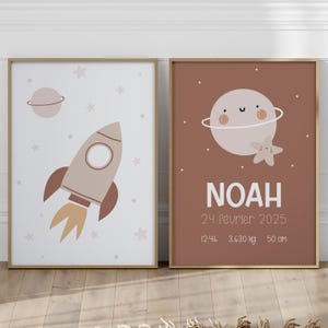 Terrakotta-Geburtsposter Weltraum und Rakete, Boho-Babyzimmer-Dekoration