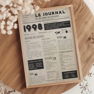 Affiche 1998, poster journal de naissance personnalisé, cadeau d'anniversaire 27 ans