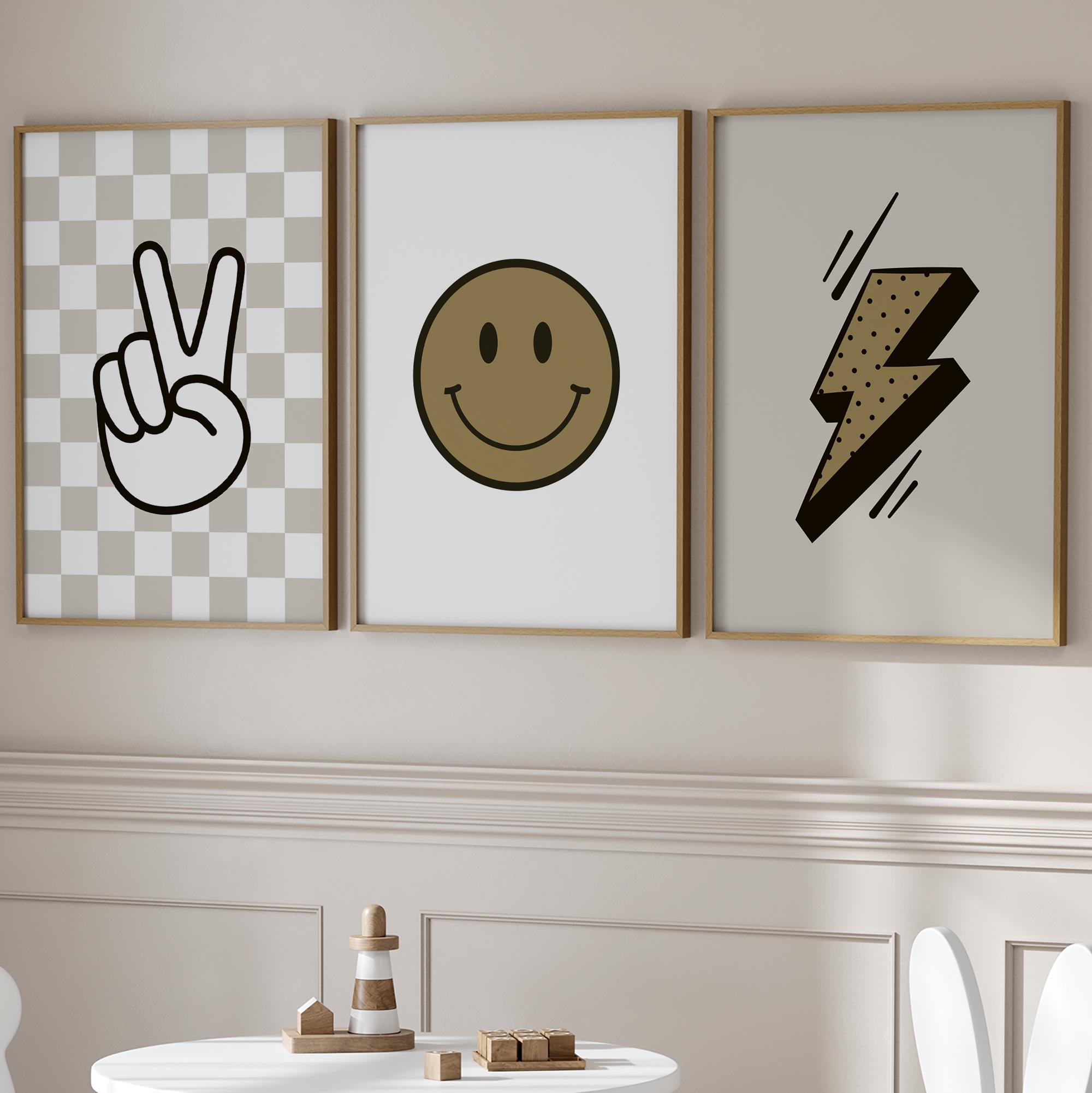 Smiley, lightning and victory posters for children, neutral and retro decoration