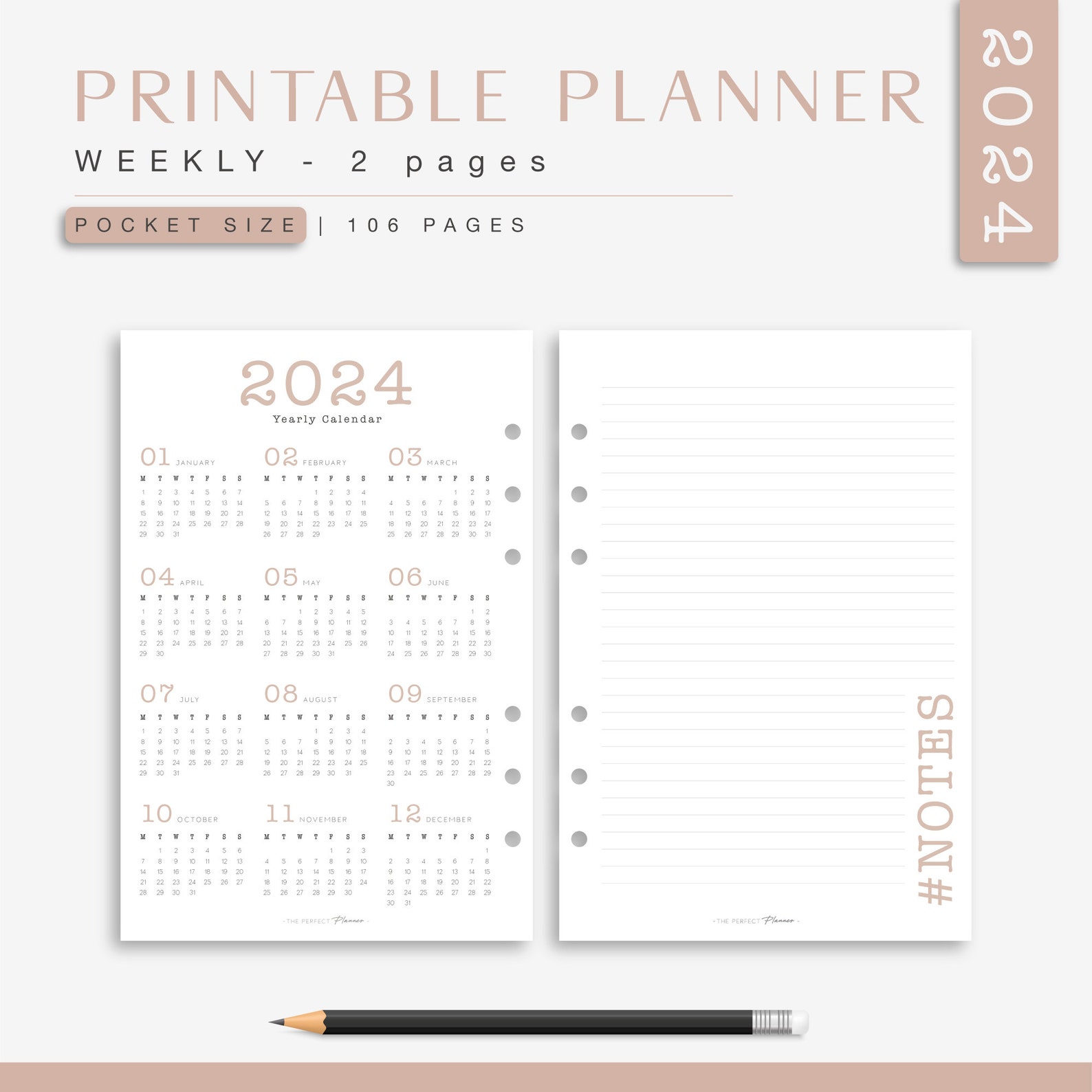 Pocket weekly planner 2024 printable week on 2 pages beige and black