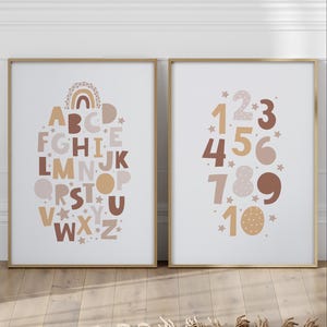 Decoración de pared con alfabeto y números para niños, carteles de aprendizaje boho