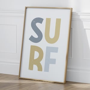 Grande poster di surf giallo e blu, decorazione murale per la cameretta dei bambini