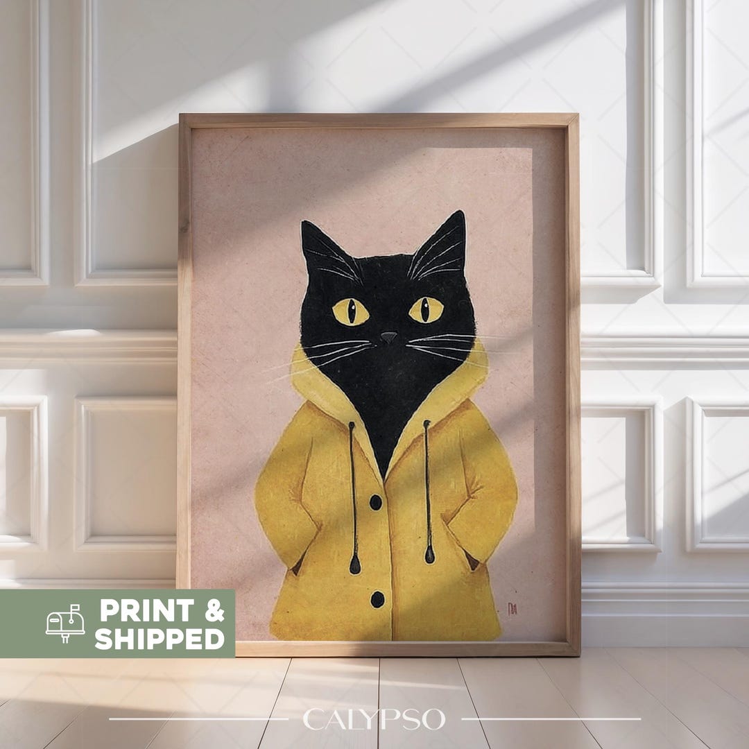Black Cat Poster in a Yellow Raincoat – Whimsical Poster - Etsy