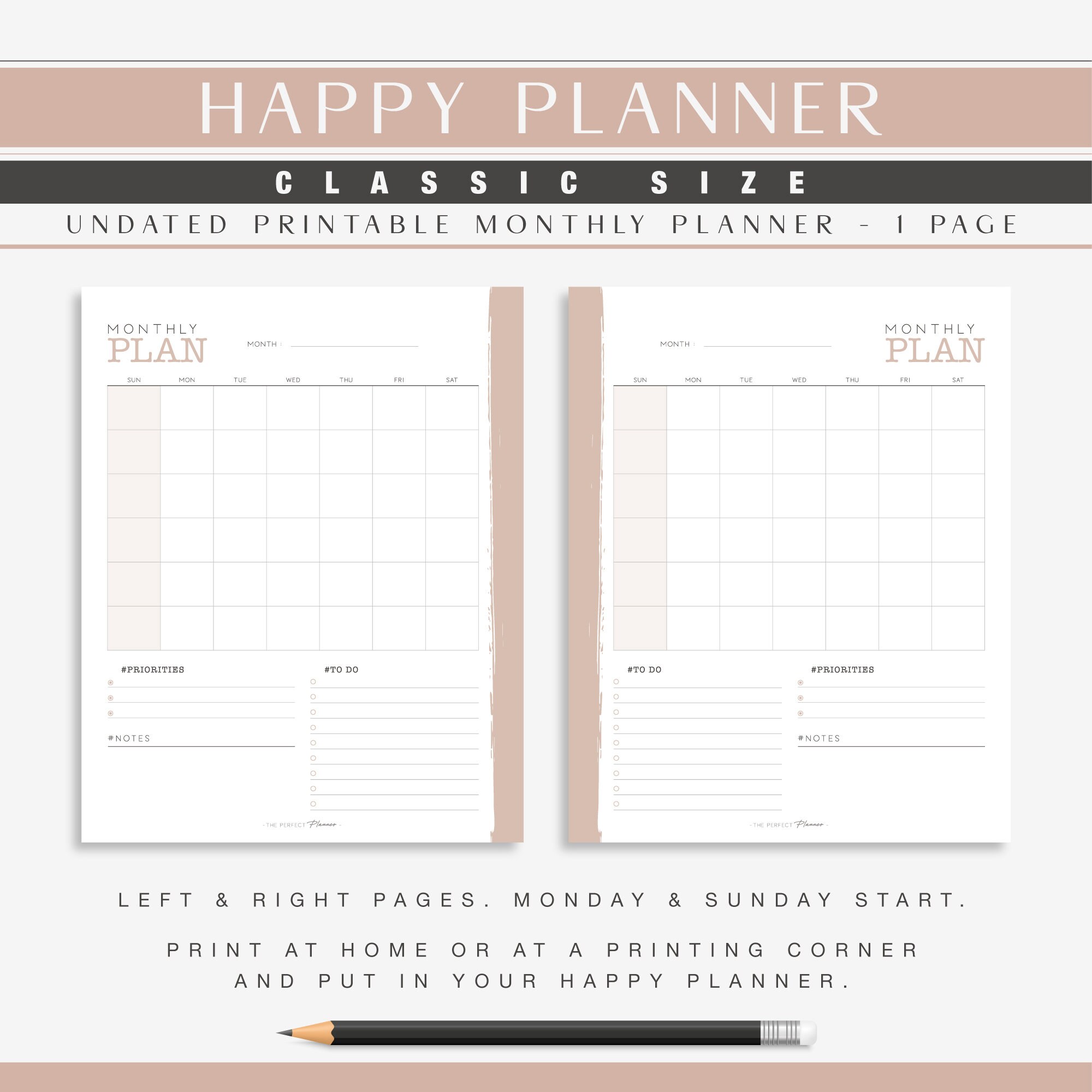 Classic Happy Planner Monthly Refill Month on 1 Page Minimalist ...