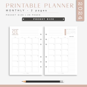 Monthly Pocket Planner 2024 - 2 Pages per Month - Minimalist 2024 Refills - Printable Planner Inserts - Monthly calendar