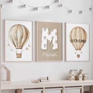 Póster triple globo aerostático para niños con inicial y nombre, regalo personalizado para recién nacido