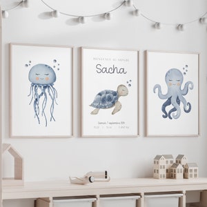 Meerestiere Geburtsset, personalisierte Neugeborenen Poster, Aquarell Wandkunst, Baby Geschenk