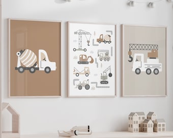 Pósters de vehículos de construcción para niños, decoración de estilo suave para la habitación de un niño.