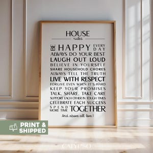 Manifesto delle regole della casa, manifesto decorativo tipografico in bianco e nero