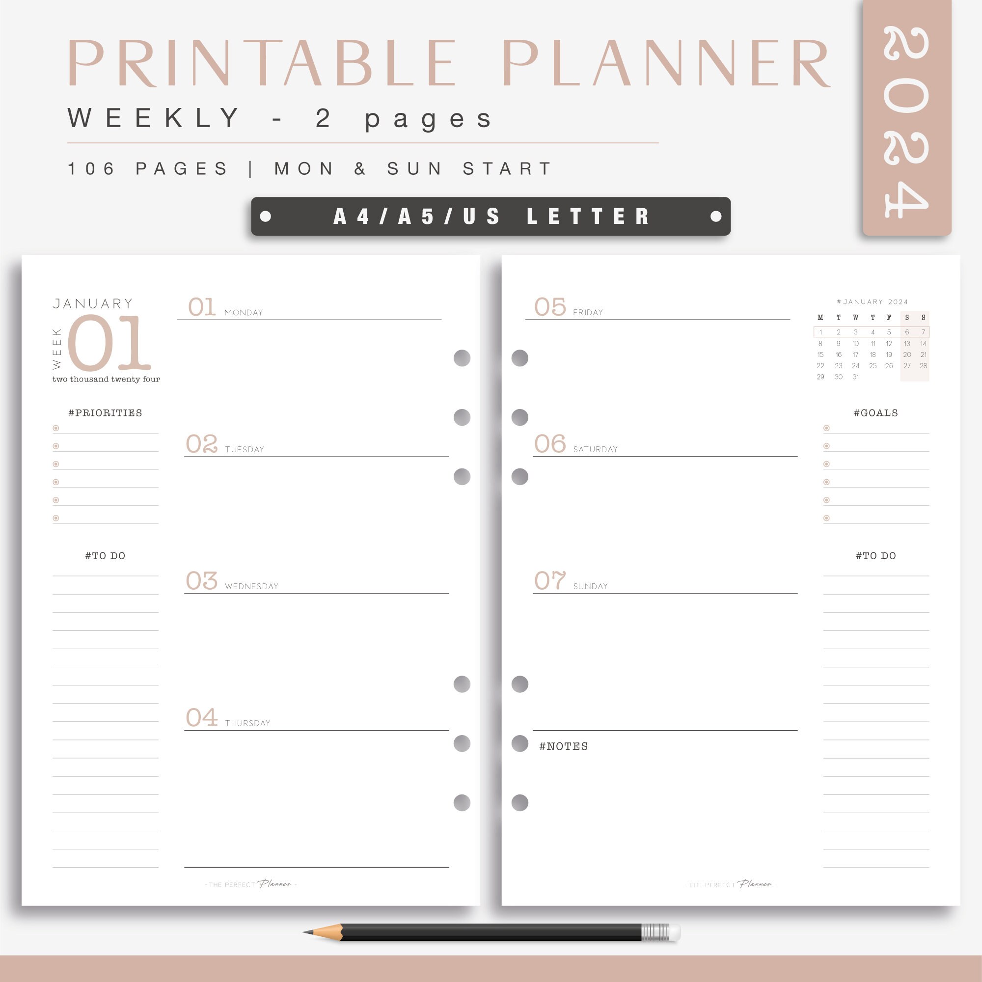 2024: Agenda Journalier 1 Page Par Jour | Grand Format A4 21 x 29,7 cm |  Planificateur Professionnel Avec Horaire | Vue quotidienne, hebdomadaire