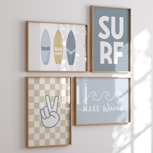 Surf kids wall art set of 4 retro beach posters make waves modern boy room decor