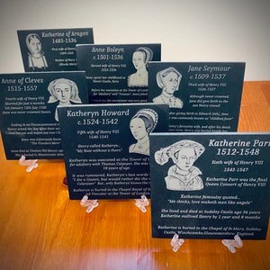 The Six Wives of Henry VIII 8th. Engraved4 inch Square Slate Coasters. Six Tudor Queens of Henry VIII. Anne Boleyn. Tudor timeline.