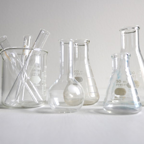 Vintage Chemistry Laboratory Glassware Pyrex Lab Glass Flasks Vintage Home Decor Lab Salvage Lot of 8 Pieces