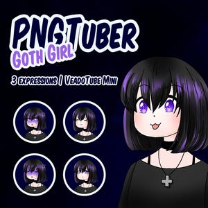 Goth Girl PNGTuber with 3 emotions | Chibi Kawaii Goth | Hand Drawn Avatar Model | streaming on Twitch, use with OBS | Veadotube Mini