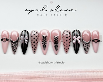 Pink Black Lace Coquette Press Ons | Custom Nails | Bow Polka Dot Nails