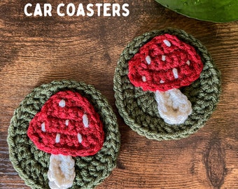 Crocheted Mushroom Car Coasters: Cottagecore Car Decor (Set of Two)